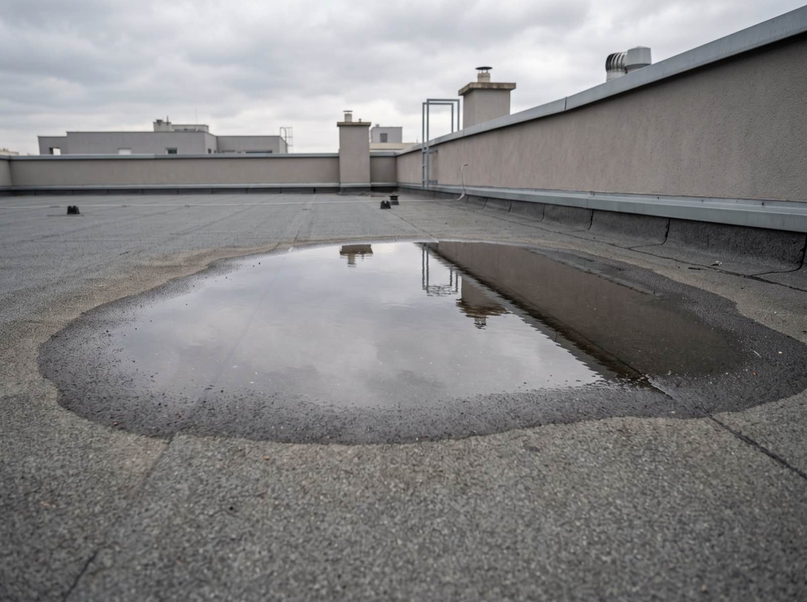 Symbolbild: Wasserpfütze auf einer Flachdachfläche, die den bedeckten Himmel spiegelt, umgeben von trockener Abdichtungsbahn